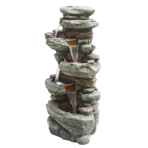 Alpine Corporation TZL410 48" Multi Level Rock Waterfall Fountain with LED Lights, Stunning Outdoor Cascading Water Feature for Garden, Patio, Backyard & Lawn Decor, Gray