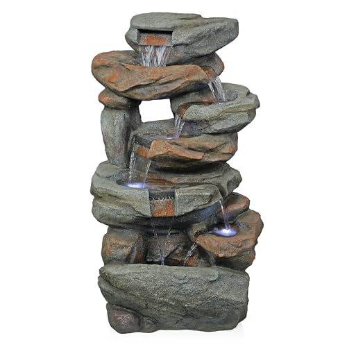 Alpine Corporation WIN1484S Cascading Natural Stone Fountain with LED Lights, Waterfall for Garden, Patio, & Lawn, 41" H