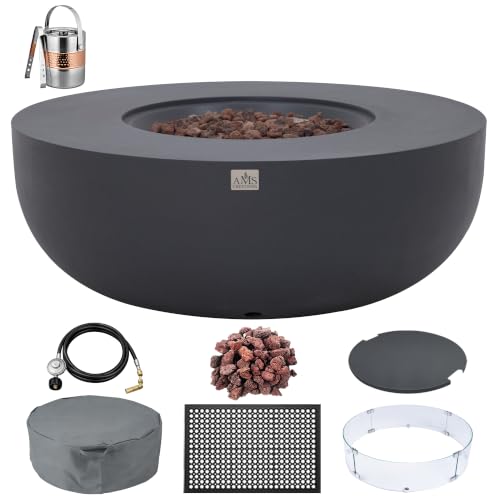 AMS 44" Round Concrete Natural Gas Fire Pit Bowl Table (Dark Gray, Bundle)