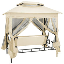 FMPGJLYH Gazebo Swing Bench with Canopy and Curtains, Cream White Outdoor Patio Bed with Pillows, Convertible Seat for Garden and Porch