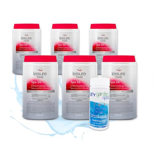 Leisure Time E5 Spa 56 Chlorinating Granules for Spas and Hot Tubs, 5-Pounds, (Six Pack, 6 x 5 lbs) with My Garden Pool 20 Ct. Test Strips - Take Care of Your Spa/Pool, Test First Use Later