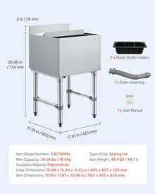 VEVOR Commercial Ice Bin, 49.4 Qt Max Capacity, 18 x 19 x 33 Inch Stainless Steel Ice Chest with Sliding Lid and Bottle Holders, Cooler Cart Cocktail Unit for Bar Restaurant Pub, NSF Certified