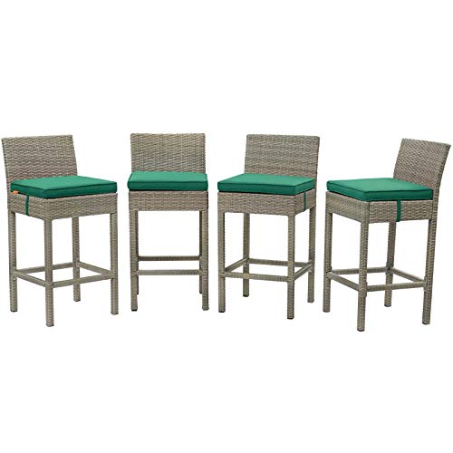 Contemporary Outdoor Patio Garden Bar Side Stool Chair, Set of Four, Fabric Rattan Wicker, Green