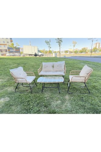 SODEF 3-Piece Rattan Balcony Bistro Set with Cushions - Modern Outdoor Furniture Set in Beige, Includes 2 Chairs, 1 Table (50 x 95 in), Suitable for Patios and Gardens