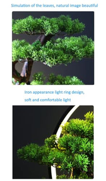 Artificial Bonsai Tree with Lamp Ring, Realistic Bonsai Green Plant Zen Garden, Chinese Welcome Pine Bonsai Ornaments for Home Office Decoration Desktop Display,B4