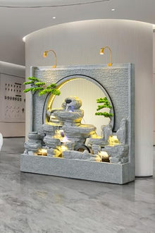 Zen Garden Landscape Waterfall Gray Rockery Fountain with LED Lights and Artificial Greenery – Tranquil Indoor/Outdoor Decorative Water Feature, Housewarming Gift(A)