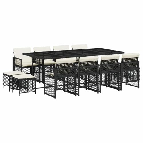 Favemtsl 13-Piece Outdoor Dining Set, Modern Poly Rattan Garden Furniture for 12, Large Rectangular Table with 8 High-Back Chairs and 4 Stools, Steel Frame with Washable Cushions