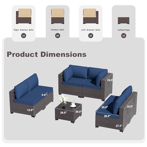 Kurapika 7-Piece Rattan Wicker Patio Furniture Set with Cushions and Glass Coffee Table Navy Blue