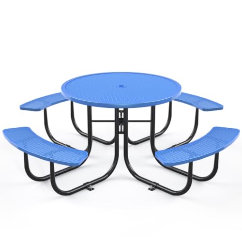 Hassyee Outdoor Blue Round Picnic Table with Build-in Benches and Umbrella Hole for Poolside, Backyard, Patio Furniture Set with Steel Legs and Safe Arc Corners for Garden