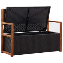 hliofuir 45.3" Storage Bench for Patio Garden, Poly Rattan Outdoor Bench with Large Storage Box and Solid Acacia Wood Accents, 2-Seat Deck Furniture with Comfortable Cushion, Black