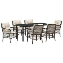 FUDUGEHMIOFWFJJ 7-Piece Brown Poly Rattan Garden Dining Set with Cushions, Modern Outdoor Patio Furniture Set with Tempered Glass Table for Backyard, Poolside, Balcony Dining and Entertaining