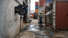 Blu Shield The Slayer Hybrid Pressure Washer Hose Reel, 1/4 in x 100 ft, 3500 PSI, Kink-Resistant, Hot/Cold Water, Brass M22 Fittings, Blue