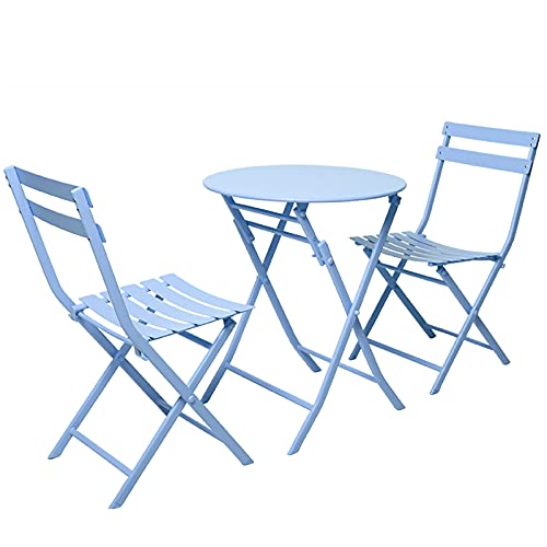 JKSVTF 3 Piece Bistro Set Foldable Patio Table and Chairs with Weather-Resistant Outdoor Metal Patio Furniture Sets for Yard or Backyard (Blue)