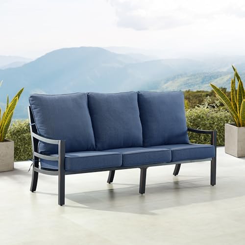 Oakland Living Black Aluminum Patio Deep Seating Outdoor Sofa Couch with Blue Cushions