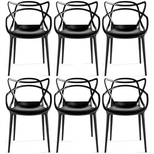 2xhome Modern Dining Chair | Stackable Indoor or Outdoor Entangled Side Chair | Weather Resistant Plastic for Kitchen, Patio, Restaurant, Yard, Porch, Balcony (Set of 6, Black)