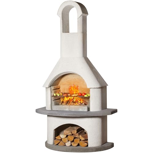 BIG HORN PRIME Concrete Outdoor Fireplace with Grill, Wood Burning Fireplace with Wood Storage and Chimney, Include Grill Rack & Charcoal Pan, 79.9”H