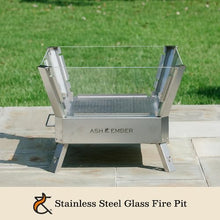 Ash & Ember Stainless Steel Glass Fire Pit, Modern Outdoor Wood Burning Fire Pit with Heat-Resistant Microcrystalline Glass Panels, Removable Ash Drawer, Contemporary Fire Pit with Glass Wind Guard