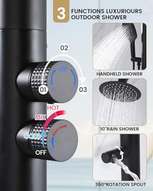 CHALIRS 316 Marine Grade Stainless Steel Free Standing Outdoor Shower with Foot Wash, 3-Function Matte Black Shower Kit with 10''Rain Shower Head,Outdoor Shower Fixture for Yard Beach Poolside Garden