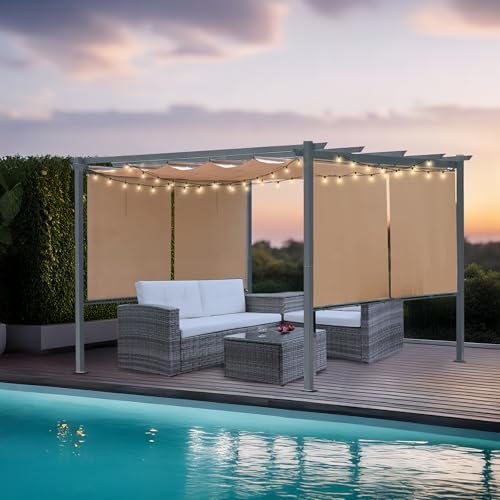 Masyardi 10 x 12 Ft Outdoor Aluminum Pergola, Retractable Canopy & 2 Sides Shades for Patio Backyard Garden Deck