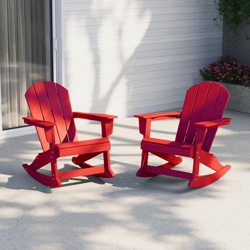 Costaelm Outdoor Adirondack Chair Set of 2, All Weather Resistant Classic Balcony Chair and Fire Pit Chairs, Adirondack Plastic Outdoor Porch Furniture Rocking Chair High Back HDPE Poly Lumber, Red