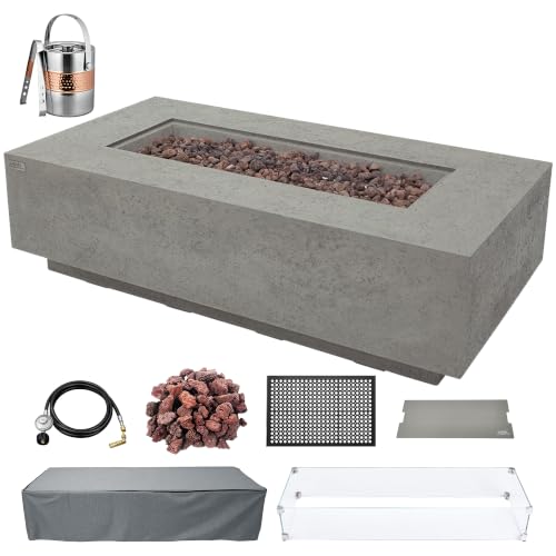 AMS 60" Rectangular Concrete Natural Gas Fire Pit Table Bundle (Light Gray)