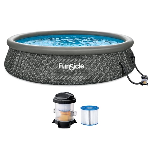 Funsicle Quickset Designer 14' x 36" Round Above Ground Swimming Pool, with FiltraBoost 800 GPH Filter Pump, Ladder, Type D Filter Cartridge & Repair Patch, Dark Herringbone