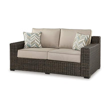 Benzara 71 Inch Outdoor Loveseat with 2 Throw Pillows Resin Wicker Brown Beige Black