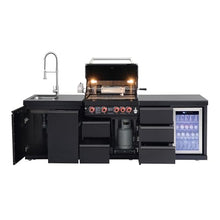 Outdoor Kitchen Island with Built in Grill, 4 Burner 59500 BTU Stainless Steel Gas Barbecue Island, Patio Cooking Station with Refrigerator & Sink, Built In Grill Island for Backyard (Black)