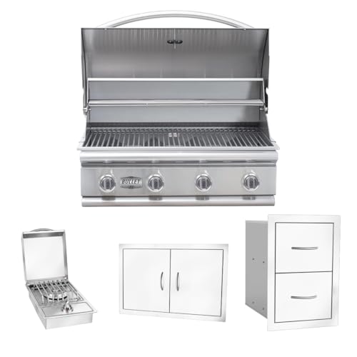 Bullet by Bull Stainless Steel Outdoor Kitchen Grill Set - Built-In Liquid Propane Grill -BBQ Kitchen Island Bundle - Includes 4 Burner Grill, Side Burner, Double Access Door & Double Storage Drawer