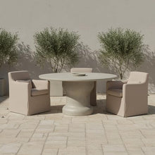 NADAAL STUDIOS Azalea Outdoor Dining Chair, Curved Arms Tailored Slipcover, Recycled Solution-Dyed Polyester, Caster Wheels, Light Brown