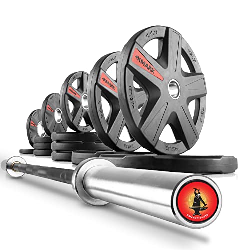 XMark Olympic Weight Set 205 lb Texas Star Rubber-Coated Barbell Bar & Weight Set Black