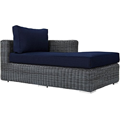 Modern Contemporary Urban Outdoor Patio Balcony Right Arm Chaise Lounge Chair, Navy Blue, Rattan