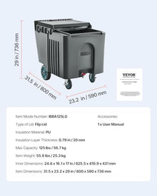 VEVOR Commercial Ice Bin, 125 lbs Portable Ice Caddy, 31.5 x 22.8 x 29 inch Insulated Ice Carrier with 4 Wheels and Flip Lid, Large Ice Bin for Catering, Kitchens, Bistros, Restaurants, and Bars