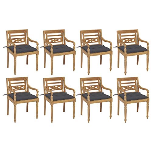 ZXQVLMRS 8 pcs Teak Wood Batavia Chairs with Cushions, Outdoor Dining Garden Patio Seat Set, Anthracite