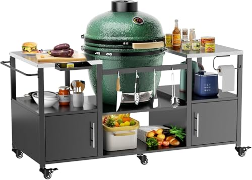 CIATRE Outdoor Grill Table for Big Green Egg & Kamado Joe Jr - Heavy-Duty Metal Cart with Storage, Waterproof Wheels, Spice Rack & Tool Hooks - Black/Silver