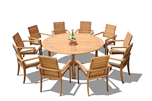 Grade-A Teak Wood 10 Seater 11 Pc Dining Set: 72" Round Table and 10 Algrave Stacking Arm Chairs #21AL1711