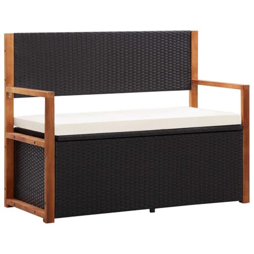 Favemtsl 45.3" Outdoor Storage Bench - Poly Rattan Garden Bench with Solid Acacia Wood Armrests, Large Capacity Patio Seat with Removable Cushion for Backyard, Porch and Indoor Use, Black