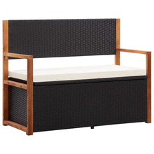 hliofuir 45.3" Storage Bench for Patio Garden, Poly Rattan Outdoor Bench with Large Storage Box and Solid Acacia Wood Accents, 2-Seat Deck Furniture with Comfortable Cushion, Black
