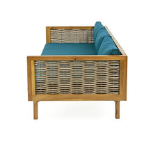 Merax 67.5" Outdoor Patio Daybed 3 Seater Sofa Bed,Acacia Wood Frame with Rattan Arm,Cushion & Pillow for Courtyard