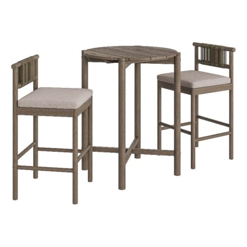 Modway Eleni 3-Piece Outdoor Teak Wood Bar Set in Weathered Gray Pebble – 35 Inch Round Patio Bar Table with 2 Bar Chairs