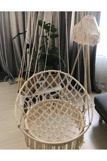 Macrame Swing Hammock Chair Handmade Cotton Rope 330.8 lb Capacity Scandinavian Style for Indoor Outdoor - Ecru