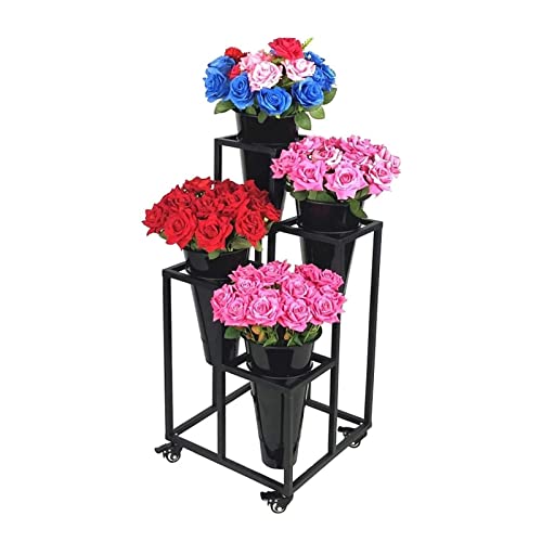 Plant standMetal Plant Stand with Wheels, Flower Stand, Planter, Shelf, Flower Pot Holder for Plant Display in Garden, Balcony, Home, Flower Shop, Art Decoration, Shelves,Black Bucket+flower Stand