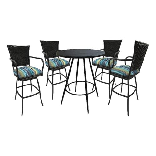 Pemberly Row Outdoor/Indoor Pub Set, 30 in Bar Height Stools with Arms, 36 in Round Black Table, Aqua Sun Stripe Fabric, Powder-Coated UV Black Frame, Durable Customizable Seating for Patio or Bar Use