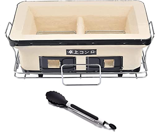 Dntum Japanese Yakatori BBQ Charcoal Grill Rectangle Ceramic Clay Grill Cooker Tabletop Hibachi Stove with Grate, Stand and Food Tong for Indoor Outdoor