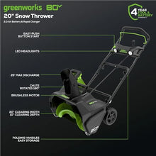 Greenworks 80V (75+ Compatible Tools) 20” Brushless Cordless Snow Blower, 2.0Ah Battery and Charger Included