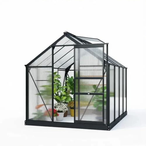 Aluminum Frame Outdoor Greenhouse, Polycarbonate Panel Walk‑in Plant Green House with Roof Vent, Sliding Door & Rain Gutters, Ground Reinforcement Bolts for Backyard Garden Plant Growing