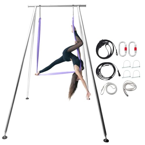 TECSPACE 9.6 FT/115.3 Inch Adjustable Height Aerial Yoga Frame & Yoga Hammock, Professtional Swing Stand Comes with 18 FT / 216.5 Inch Aerial Silk, Max Capacity 551 Lbs（Purple）