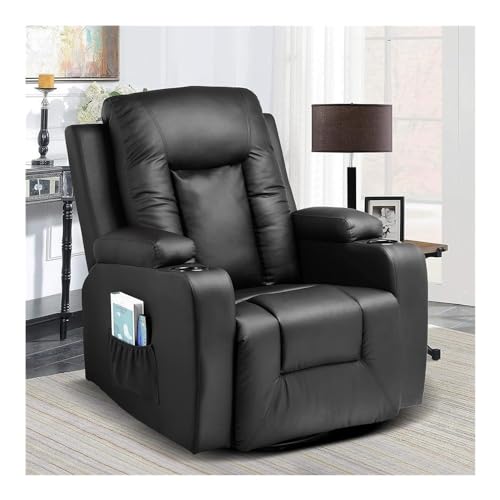 Black Leather Recliner Chair with Heated Massage for Adults, 360-Degree Swivel Rocker Recliner with 2 Cup Holders, Ergonomic Single Sofa Seat for Living Room
