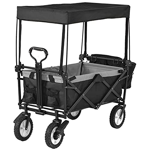 LIPJIA Shopping Trolley,Folding Camping Cart, Portable Garden with 4 Wheels, Romovable Canopy, Collapsible Garden Pull Wagon Hand Outdoor Utility Garden Wheelbarrow Garden Car