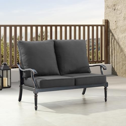 Oakland Living Black Aluminum Patio Deep Seating Outdoor Two Seater Loveseat with Black Cushions